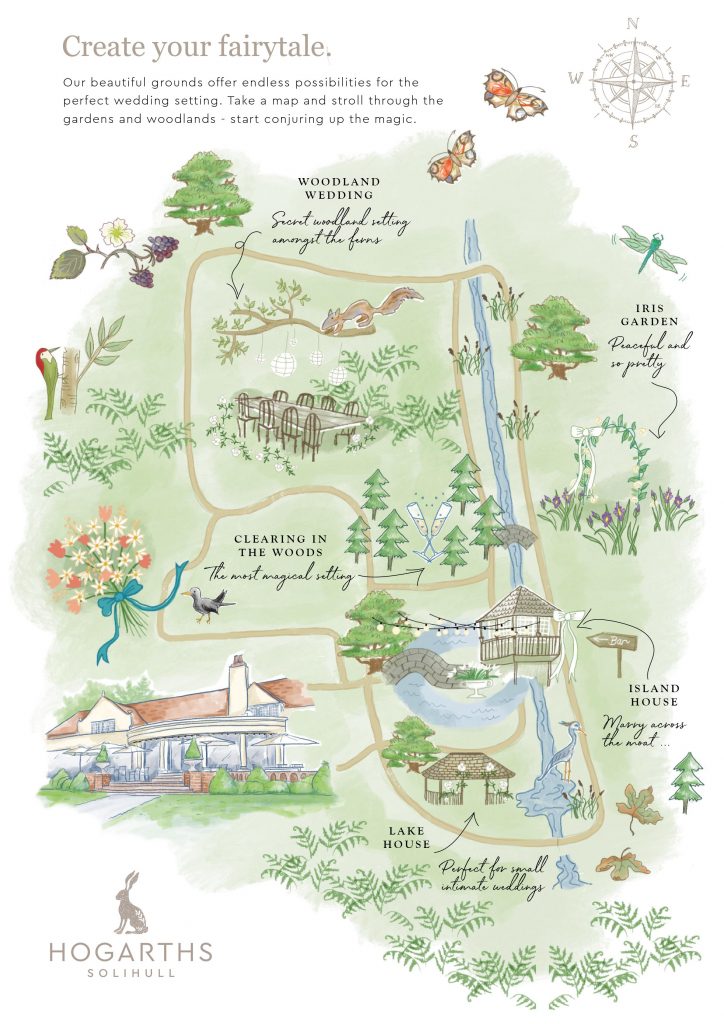 wedding venue map highlighting scenic locations, including a woodland wedding area, a peaceful iris garden