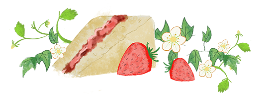 strawberry jam sandwich with fresh strawberries and strawberry plant leaves and blossoms.