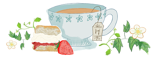 tea cup with a teabag, accompanied by a scone with jam and cream